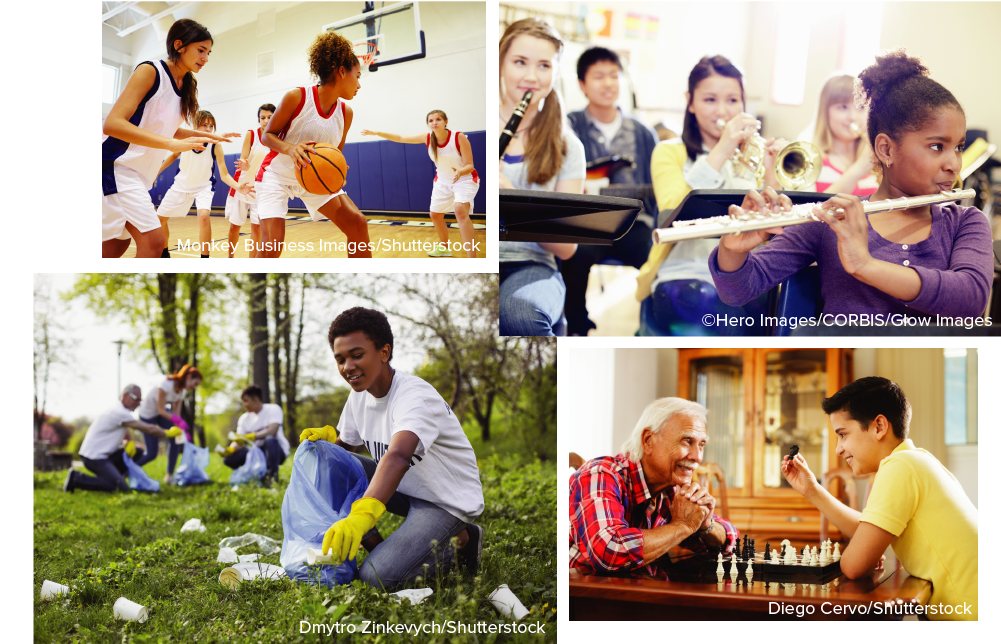 Four scenes of people doing math in daily life: a basketball game, students in band, a park clean-up, and two people playing chess.