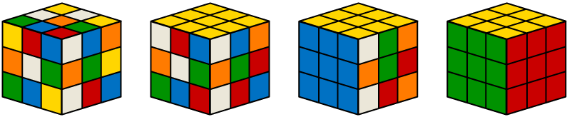 Four Rubik's cubes in different states of being solved.