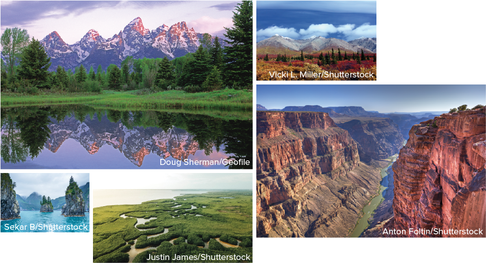 A collage of four landscape photographs: a mountain lake, a forested peak, a green valley and a red rock canyon.