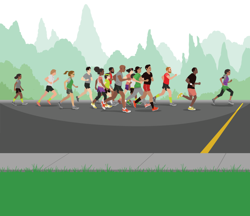 An illustration of a crowd of runners spread out along a road during a race.