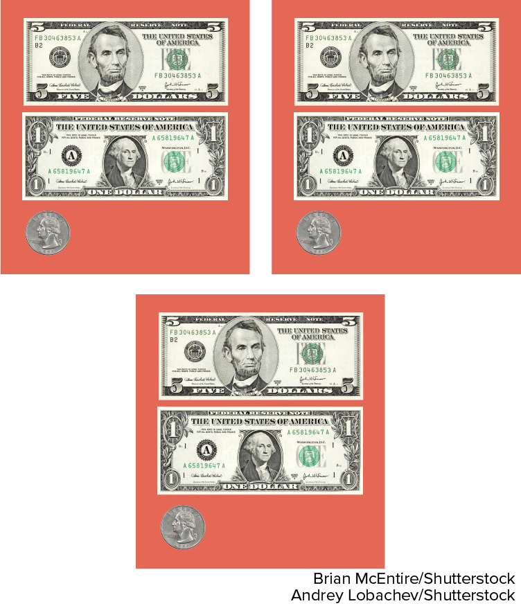 Photographs of dollar bills arranged in three groups, two bills in each of the upper groups and one below.