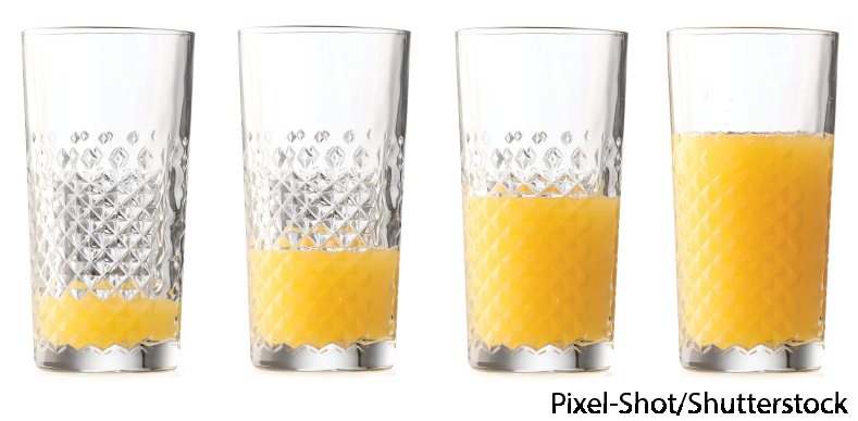 Four identical glasses holding different amounts of orange juice, ready to be levelled out.