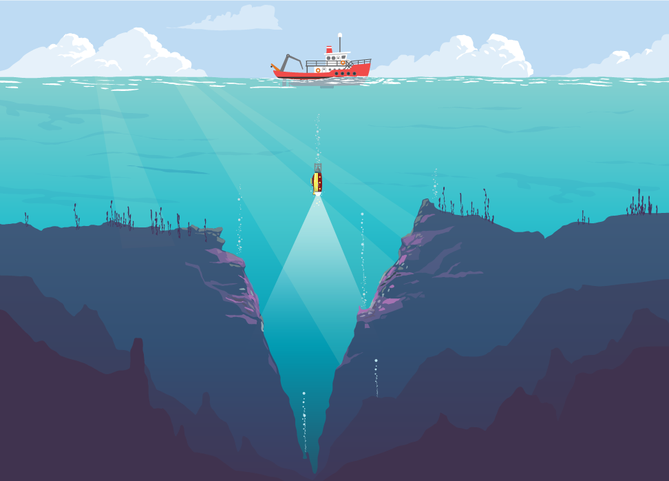 An illustration of a boat on the ocean surface with the sea floor dropping away far below it.
