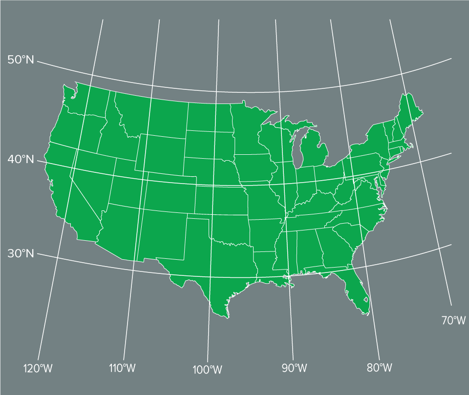 A map of the United States overlaid with a grid of latitude and longitude lines.