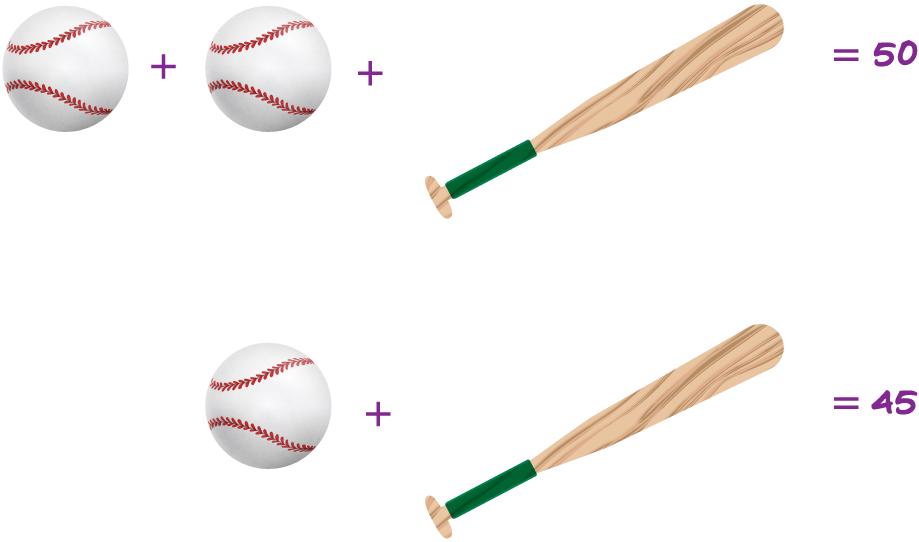 Two picture equations using baseballs and bats: one totals 50, the other totals 45.